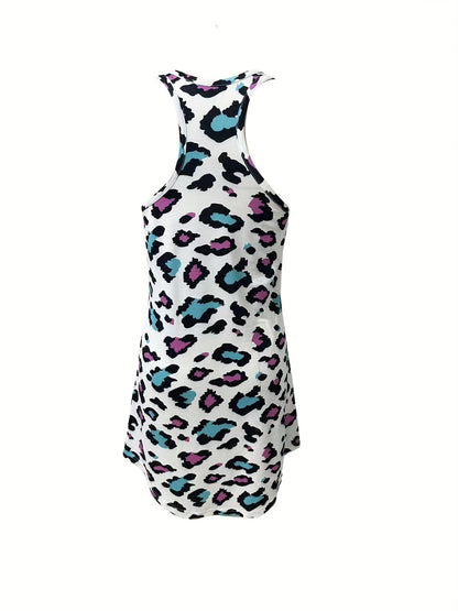 Colorblock Leopard Lounge Dresses, Comfy Crew Neck Tank Home Dress, Women's Loungewear & Dresses