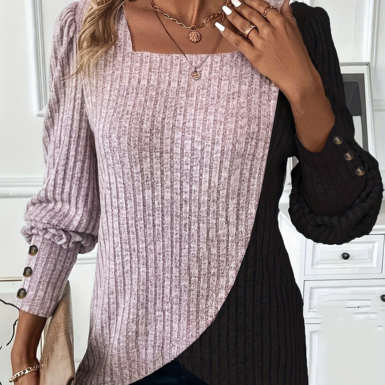 Women'S Casual Square Neck Long Sleeve Top, Asymmetrical Solid Color Knit Polyester Blouse with Spandex, Fashionable Spring/Fall Outerwear, 230gsm Fabric Weight