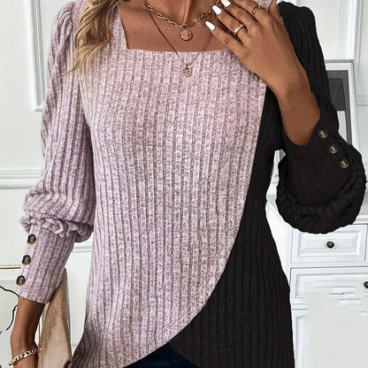 Women'S Casual Square Neck Long Sleeve Top, Asymmetrical Solid Color Knit Polyester Blouse with Spandex, Fashionable Spring/Fall Outerwear, 230gsm Fabric Weight
