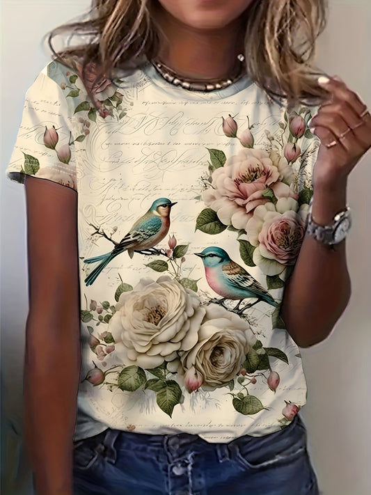 Vintage Floral Print T-Shirt - Soft Stretch Crew Neck Short Sleeve Tee