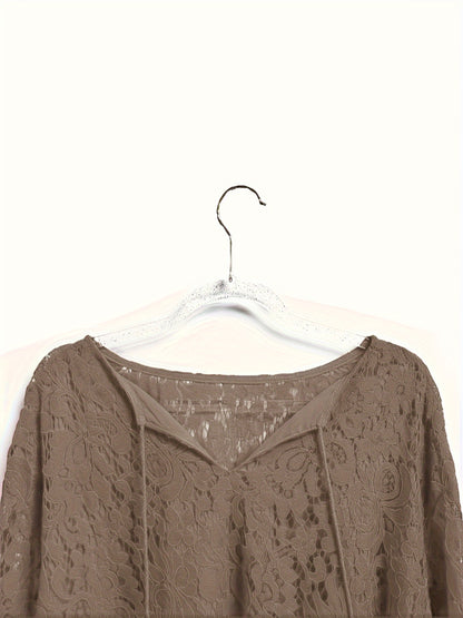 Plus Size Boho Blouse, Women's Plus Solid Lace Lantern Sleeve Tassel Trim V Neck Tunic Shirt Top