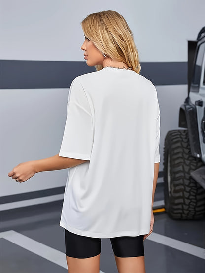Round Neck Casual T-Shirt, Short Sleeves Loose Fit Basic Sports Tee, Women's Activewear