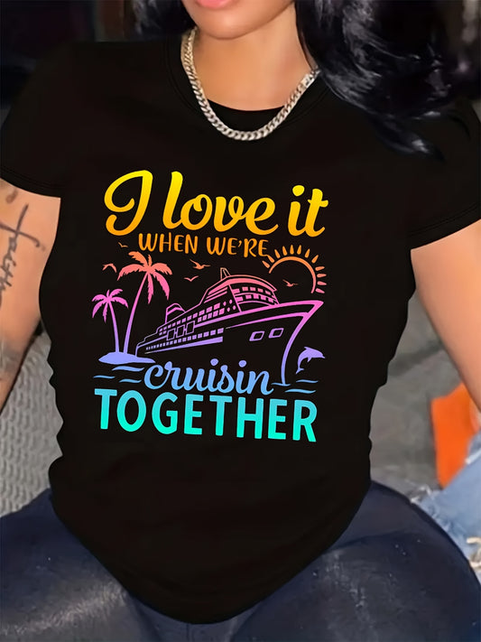 Tropical Escape Womens Tee - Breezy Cotton, Vivid Cruise Ship & Palm Imagery, Versatile for Spring/Summer