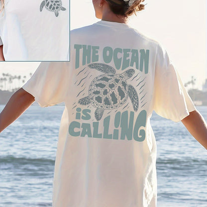 Vibrant Turtle & Letter Print Crew Neck Tee - Soft, Breathable Polyester Blend, Short Sleeve, Machine Washable, Perfect for Spring and Summer Casual Wear