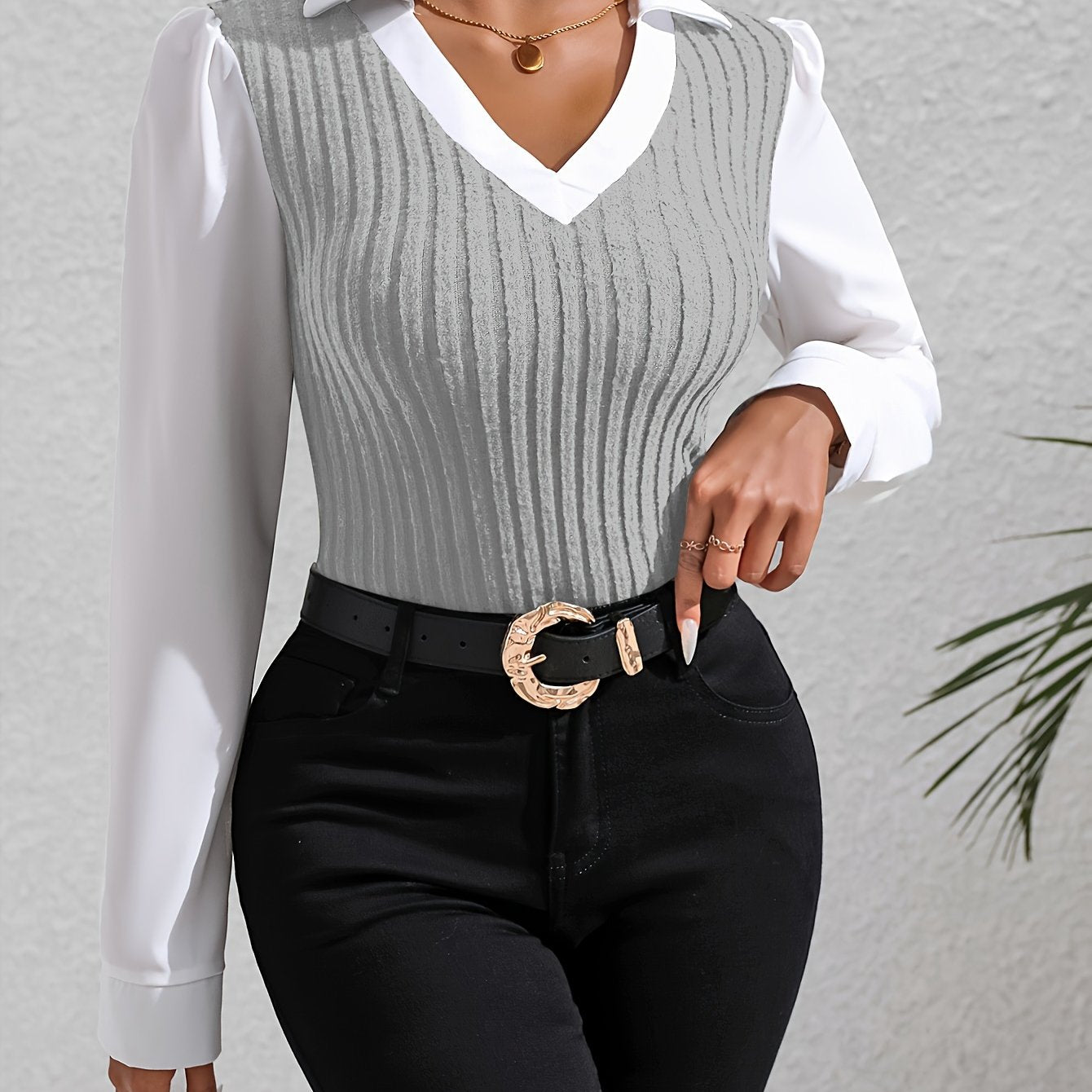 Color Block Faux Twinset Lapel Blouse, Casual Long Sleeve Blouse For Spring & Fall, Women's Clothing