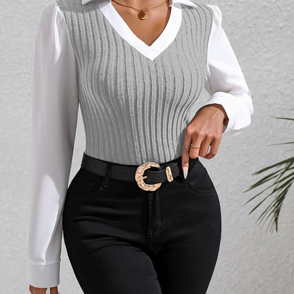 Color Block Faux Twinset Lapel Blouse, Casual Long Sleeve Blouse For Spring & Fall, Women's Clothing