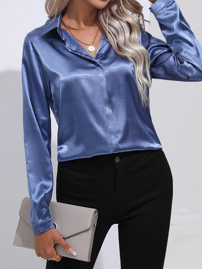 Solid Color Button Up Shirt, Elegant Long Sleeve Collared Blouse For Spring & Fall, Women's Clothing