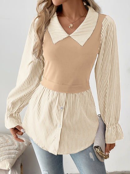 Striped Print Color Block Blouse, Elegant Long Sleeve Button Front Blouse For Spring & Fall, Women's Clothing