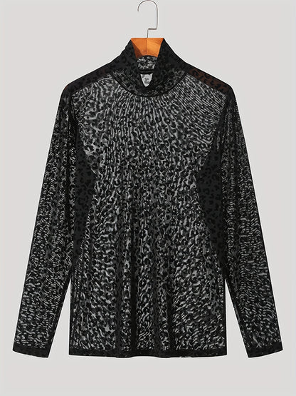Mens O-neck Mesh Shirt Leopard Pattern See Through Blouse Party Sexy Shirt Pullover