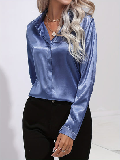 Solid Color Button Up Shirt, Elegant Long Sleeve Collared Blouse For Spring & Fall, Women's Clothing