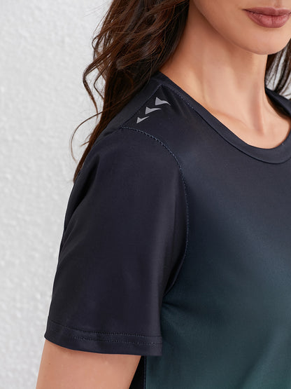 Women's Ombre Sports Tee, Gradient Shades, Casual Athletic T-Shirt, Short-Sleeve, Quick Dry, Breathable Fabric, Gym Wear, Running Top