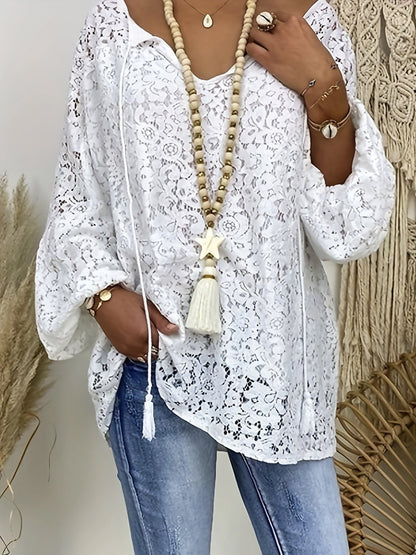 Plus Size Boho Blouse, Women's Plus Solid Lace Lantern Sleeve Tassel Trim V Neck Tunic Shirt Top