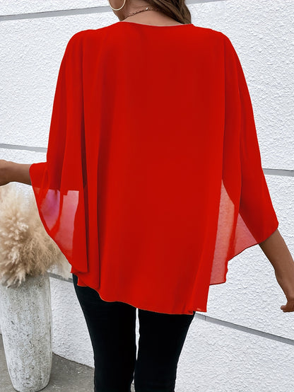 Solid Layered Cloak Sleeve Blouse, Versatile Crew Neck Blouse For Spring & Fall, Women's Clothing