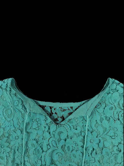 Plus Size Boho Blouse, Women's Plus Solid Lace Lantern Sleeve Tassel Trim V Neck Tunic Shirt Top