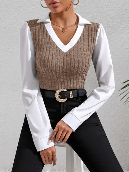 Color Block Faux Twinset Lapel Blouse, Casual Long Sleeve Blouse For Spring & Fall, Women's Clothing