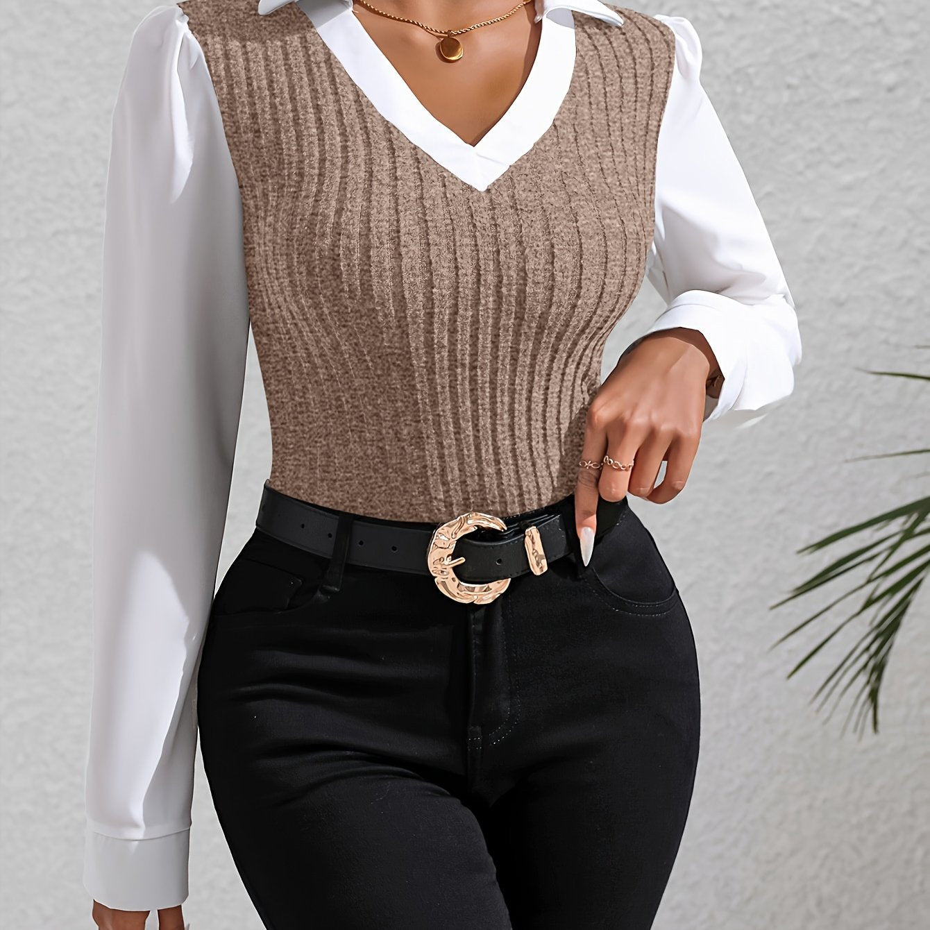 Color Block Faux Twinset Lapel Blouse, Casual Long Sleeve Blouse For Spring & Fall, Women's Clothing