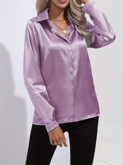 Solid Color Button Up Shirt, Elegant Long Sleeve Collared Blouse For Spring & Fall, Women's Clothing