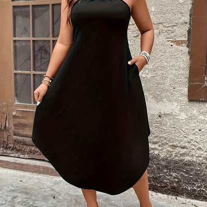 Women's Plus Size Elegant Halter Neck Maxi Dress - Formal or Casual Party, Beach, Everyday Outfits - Machine Washable Polyester Evening Gown for Women, Dresses for Beach, Summer Outfit, Tieback Fashion, Flowy Skirt Style