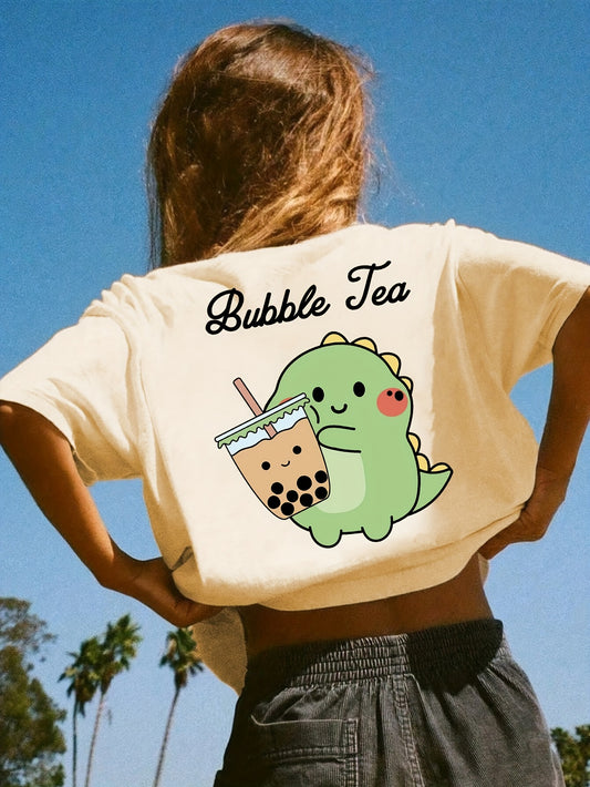 Cartoon Frog With Bubble Tea Graphic Print Creative T-Shirts, Soft & Elastic Comfy Crew Neck Short Sleeve Tee, Girls' Summer Tops, Suitable For Daily Wear