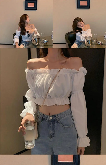 Elegant Off-Shoulder Puff Sleeve Blouse - White Ruffle Crop Top for Party & Club