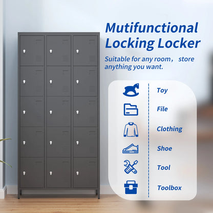 15 Door 72"H Metal Lockers With Lock for Employees Storage Locker Cabinet for Home Gym Office School Garage Easy Assembly Black