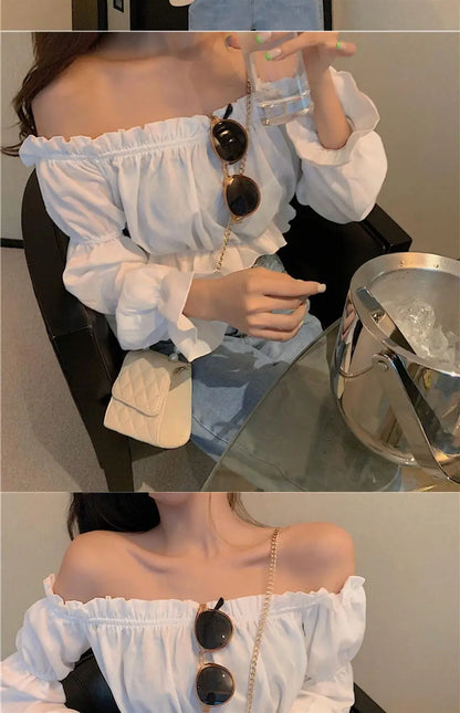 Elegant Off-Shoulder Puff Sleeve Blouse - White Ruffle Crop Top for Party & Club