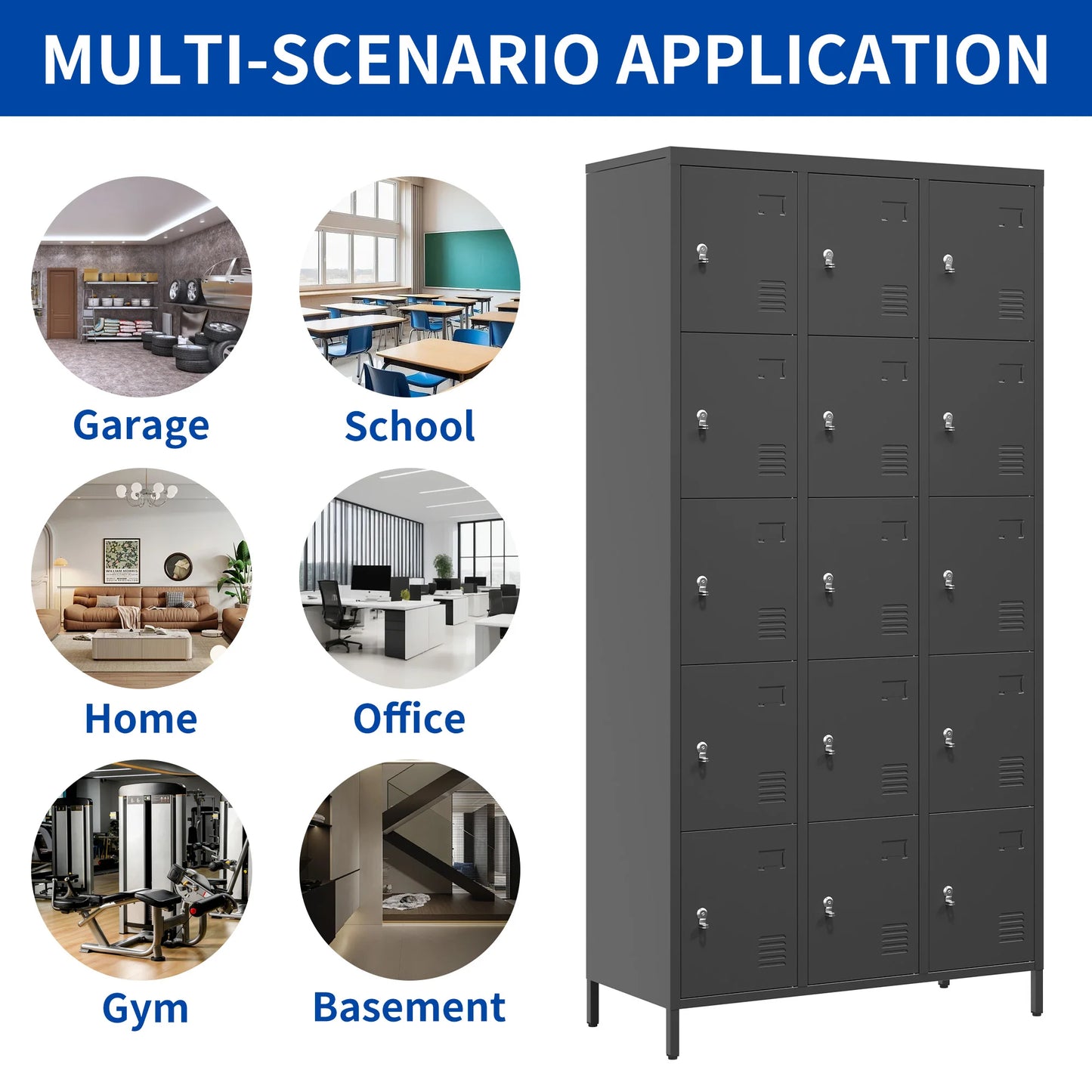 15 Door 72"H Metal Lockers With Lock for Employees Storage Locker Cabinet for Home Gym Office School Garage Easy Assembly Black