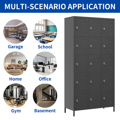 15 Door 72"H Metal Lockers With Lock for Employees Storage Locker Cabinet for Home Gym Office School Garage Easy Assembly Black