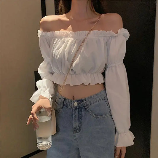 Elegant Off-Shoulder Puff Sleeve Blouse - White Ruffle Crop Top for Party & Club