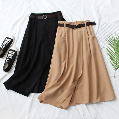 Women Casual Skirts Spring And Autumn Solid High Waist Irregular Pockets Midi Skirts Fashion Simple Elegant Saia Faldas