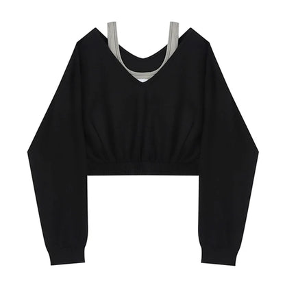 Woman Sweatshirt Hoodies Fashion Female Chic Loose Casual Streetwear Patchwork Ins Street Y2K Fake Two Pieces Hoodies Crop Top
