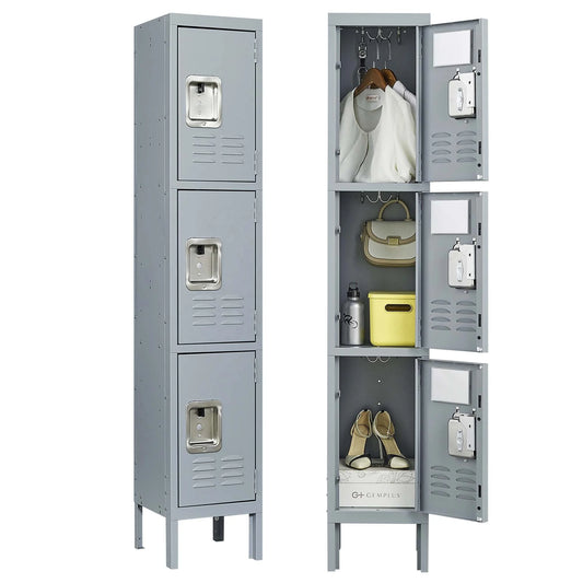 Modern 66-Inch 3-Door Metal Locker Cabinet Free Shipping Gray Home Gym Office School Garage Lock Employees Storage