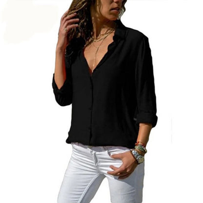 Elegant Chiffon V-Neck Blouse - Long Sleeve Professional Work Shirt Oversized Fit