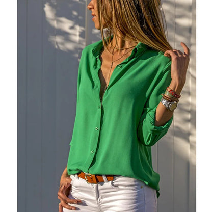 Elegant Chiffon V-Neck Blouse - Long Sleeve Professional Work Shirt Oversized Fit
