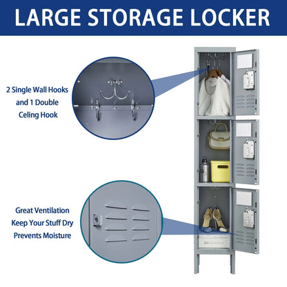 Modern 66-Inch 3-Door Metal Locker Cabinet Free Shipping Gray Home Gym Office School Garage Lock Employees Storage
