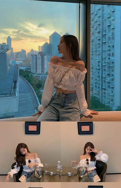 Elegant Off-Shoulder Puff Sleeve Blouse - White Ruffle Crop Top for Party & Club