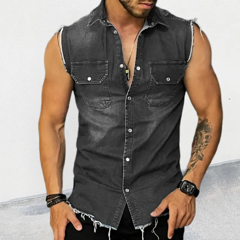 Tank Tops Men Tops Turn Down Collar Tees Sleeveless Loose 2025 Distressed Denim Washed Summer Spliced Covered Button Casual