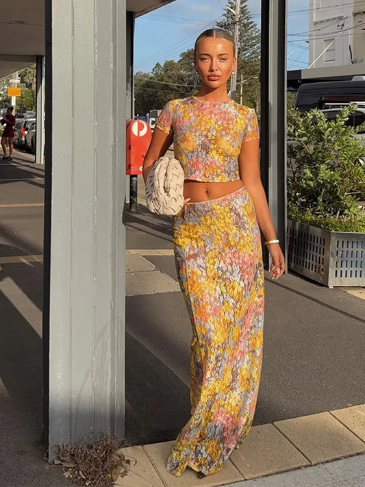 Women Elegant Printing Skirt Suit Chic Round Neck Half Sleeve Top High Waist Slim Fit 2-piece Set 2025 New Summer Fashion Outfit