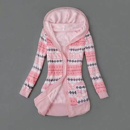 Women Cardigan Striped Print Long Sleeve Sweater Coat Buttons Closure Hooded Plush Lining Sweater Outerwear For Autumn Winter