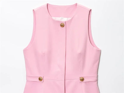 Chic Pink 2-Piece Casual Set - Flared Hem Vest & Wide Leg Pants