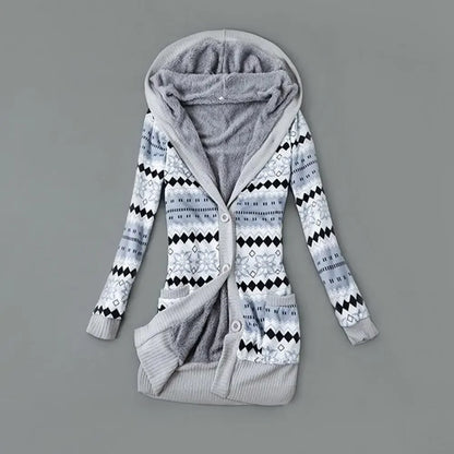 Women Cardigan Striped Print Long Sleeve Sweater Coat Buttons Closure Hooded Plush Lining Sweater Outerwear For Autumn Winter