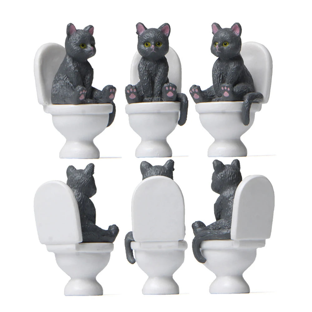 Cat Sit On Figurines Toilet Cat Ornament Kawaii Cat Doll Micro Landscape Fairy Garden Miniature for Kids Cat Toy Home Decoration