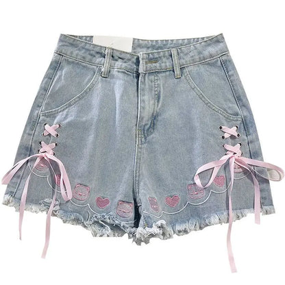 Japanese Denim Shorts Women 2025 New Bottoms Hig Waist Embroidery Bandage Pants Tunic Cute Shorts Pantalones Cortos De Mujer