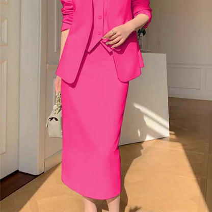 Elegant 2-Piece Business Suit Set - Professional Blazer & High Waist Midi Skirt