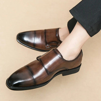 Men Business Dress Shoes Black Brown Side Double Button Leather Shoes European Fashion Versatile Suit Le Fu Shoes Size 38-46