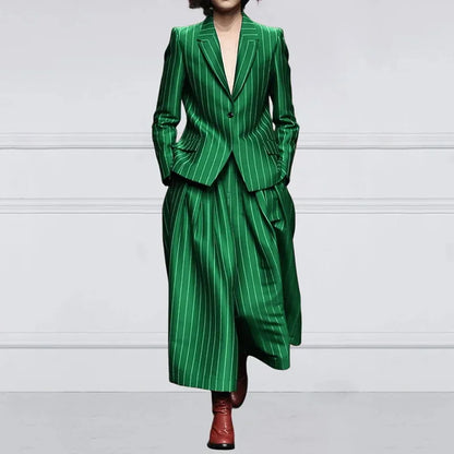 Beautyblue Blazer Set Women's Trouser Suit Outerwear Striped Trousers New Vintage Loose Wide Leg Long Sleeves Suit Costume Femme