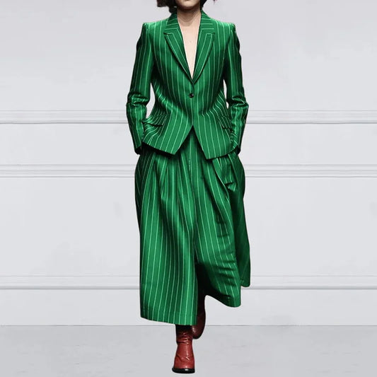 Beautyblue Blazer Set Women's Trouser Suit Outerwear Striped Trousers New Vintage Loose Wide Leg Long Sleeves Suit Costume Femme