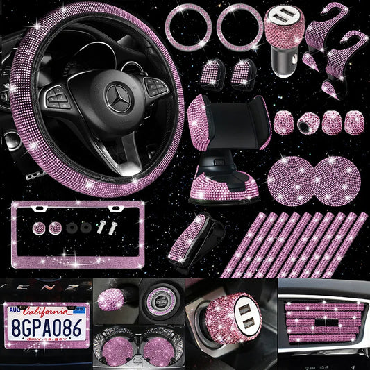 Automotive accessories embedded with pink diamonds, rhinestone interiors, essential car products - a variety of choices