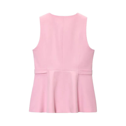 Chic Pink 2-Piece Casual Set - Flared Hem Vest & Wide Leg Pants