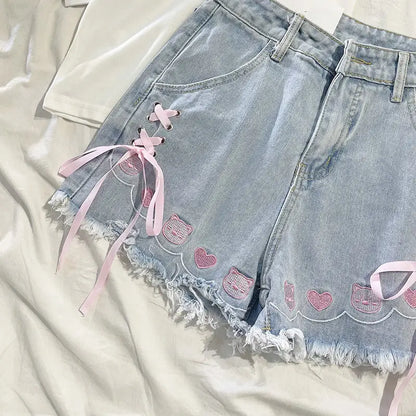 Japanese Denim Shorts Women 2025 New Bottoms Hig Waist Embroidery Bandage Pants Tunic Cute Shorts Pantalones Cortos De Mujer